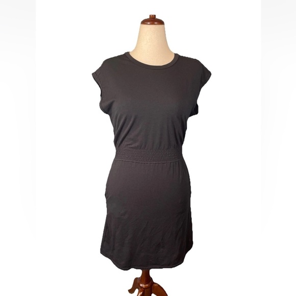 Merrell Dress Cinch Waist Cap Sleeve Lightweight Black Midi Pockets Size Small - Picture 1 of 7